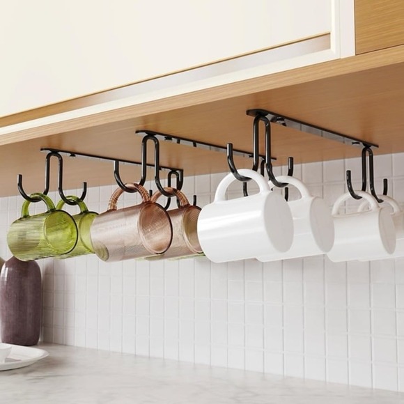 Mug Hooks Under Cabinet 3 Pack, Metal Cup Hooks for Hanging Under Shelf, Mug Org - Picture 1 of 12